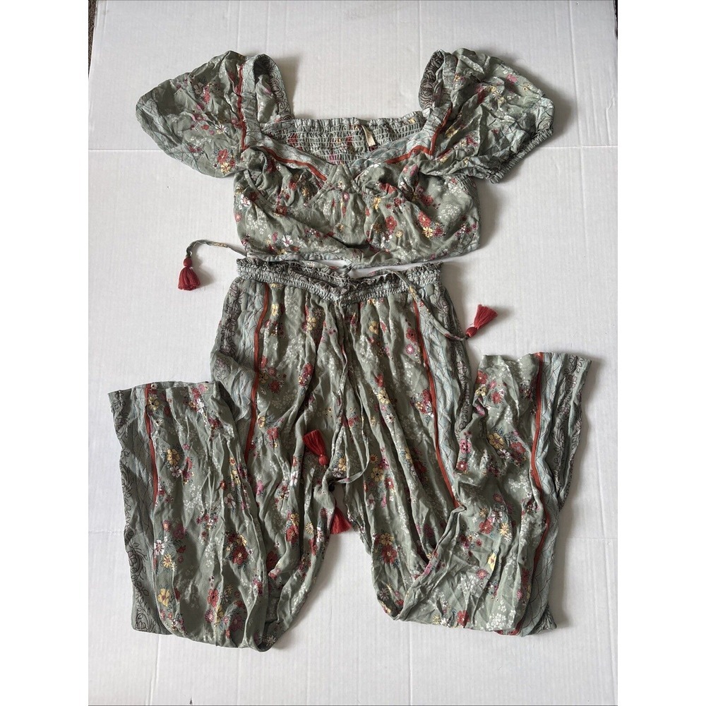 Tulle & Batiste Lounge Set Pants & Crop Top Boho Floral Sage‎ Green Size Large